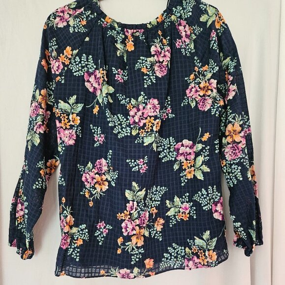 Lauren Conrad Floral Blouse Size Med Flowy Popover Navy - Picture 4 of 9